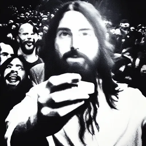 Image similar to jesus taking a selfie in hell