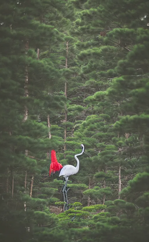 Image similar to portrait photo of a japense crane next to a forest of japanese pines and a lake, highly detailed, high resolution, national geographic photo, stunning, bokeh soft, 100mm, trending on instagram, by professional photographer, shot with a canon, low saturation