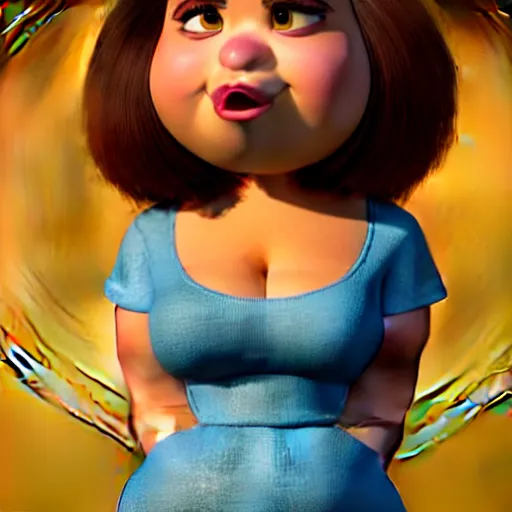 Image similar to A portrait of a full figured woman, a cute 3d cgi toon woman with brown hair in a Bob, brown eyes, full face, olive skin, romanian heritage, medium shot, mid-shot, hyperdetailed, 8k, trending on artstation, as a Pixar character