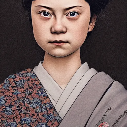 Prompt: detailed portrait of greta thunberg as a geisha, trending on artstation elite, elegant, luxury, by krenz cushart, junji ito, takato yamamoto, perfect face, fine details, realistic shaded, fine - face, pretty face