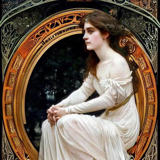 Image similar to a detailed, intricate art nouveau portrait painting of a girl who resembles 1 8 - year - old saoirse ronan and emma watson in a white satin gown, by alphonse mucha, donato giancola, and john william waterhouse