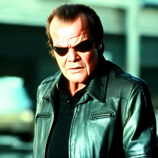 Image similar to Jack Nicholson plays Terminator, wearing leather jacket, red eye, VFX film