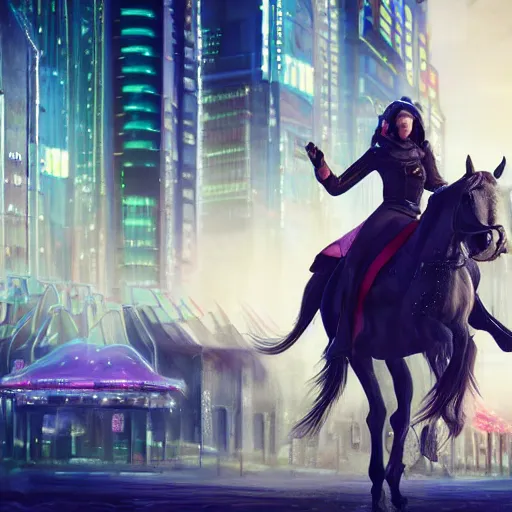 Prompt: a beautiful queen riding on a horse in a cyberpunk city looking at the camera, 4k ultra realistic image trending on artstation, full body