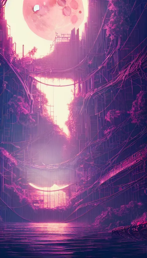 Image similar to reclaimed by nature by moon hoon, darkacademia atlantis cosmic san andreas at dawn neon signs tokyo synthwave universe, archdaily, wallpaper, highly detailed, trending on artstation.