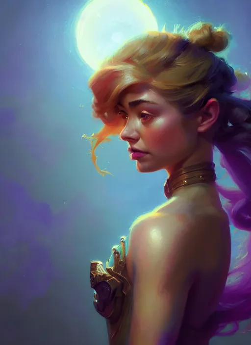 Image similar to side portrait, imogen poots, paladin, fantasy, gloomhaven, luminescent, organic painting, gaudy colors, octane render, by greg manchess, huang guangjian, gil elvgren, sachin teng, greg rutkowski, jesper ejsing, ilya kuvshinov