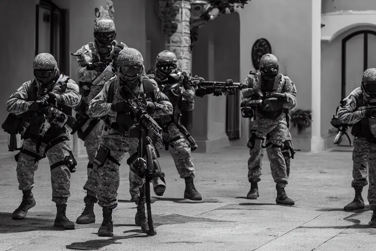 Prompt: Mercenary Special Forces soldiers in grey uniforms with black armored vest and black helmets fighting inside a mansion in 2022, Canon EOS R3, f/1.4, ISO 200, 1/160s, 8K, RAW, unedited, symmetrical balance, in-frame, combat photography