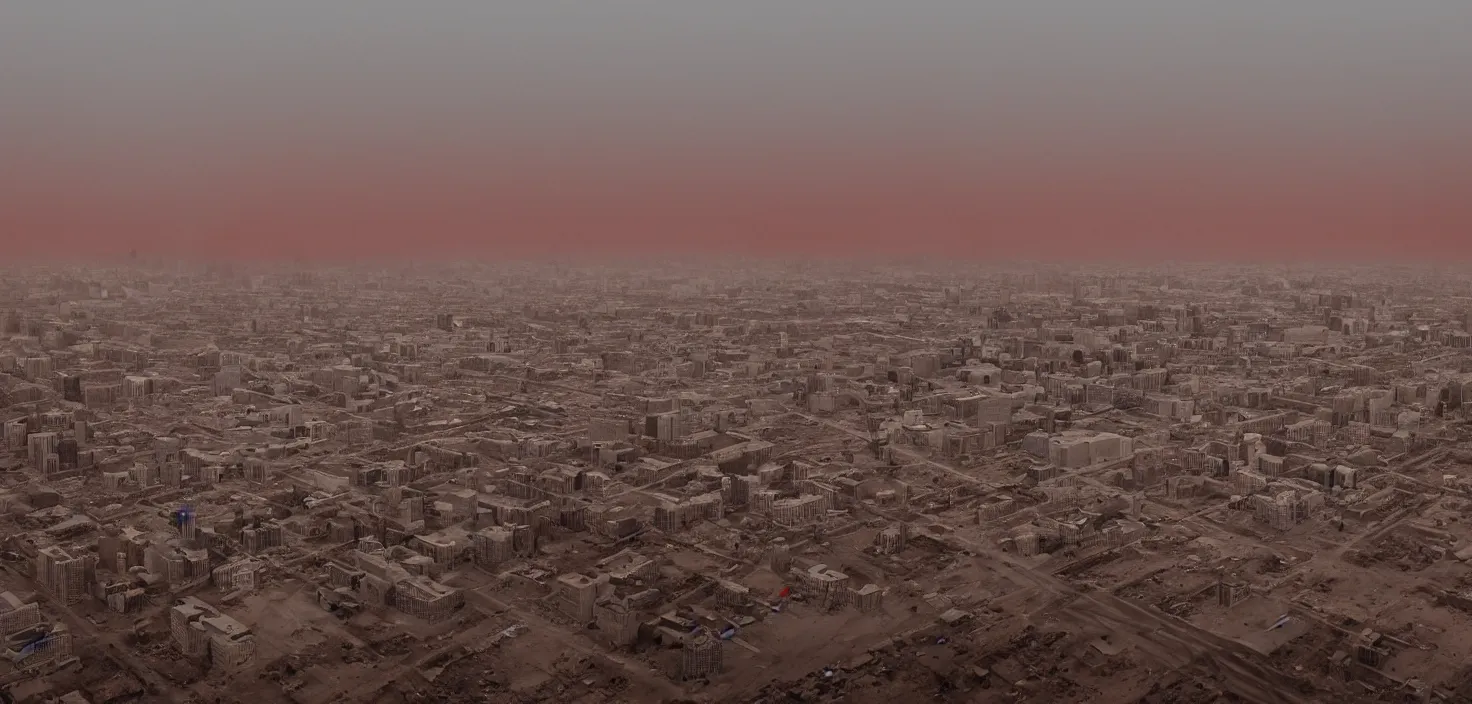 Image similar to ''the city of montreal in a desert wasteland after a nuclear apocalypse in the year 6000, remains, red haze, mist''