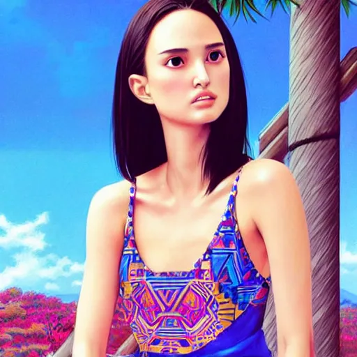 Image similar to a beautiful young japanese natalie portman alluring gravure model, wearing elegant designer tank top, elegant tank top with mesoamerican patterns, by akira toriyama and wlop and ilya kuvshinov and artgerm and, aesthetic, gorgeous, stunning, alluring, attractive, artstation, deviantart, pinterest, digital art