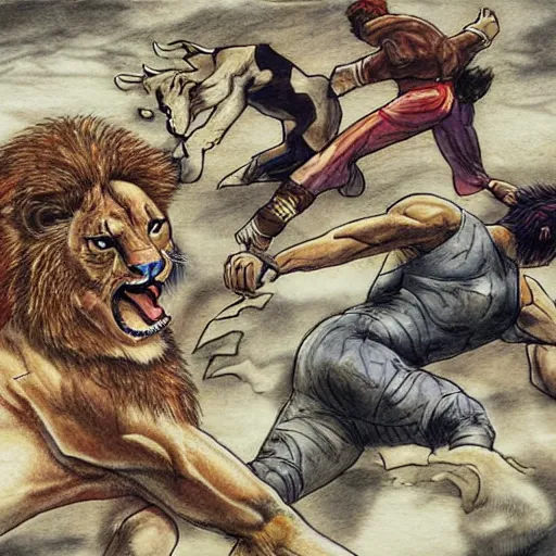Prompt: hero wrestling against a lion in the middle of an arena, crowd of people, pencil art, added detail, high definiton, colored, aerial viewyoji shinkawa