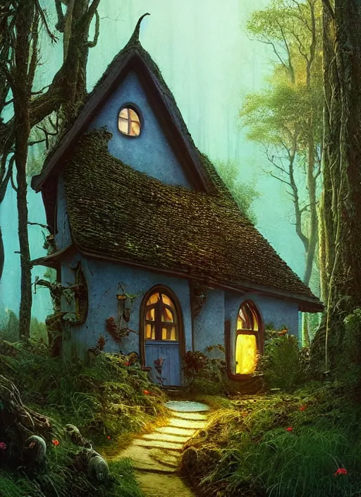 Image similar to hyper realistic homely ornate modern witch cottage distant down a path in the woods gorgeous lighting, blue sky, highly detailed, lush forest by zdzisław beksinski and norman rockwell and greg rutkowskiweta studio, and lucasfilm