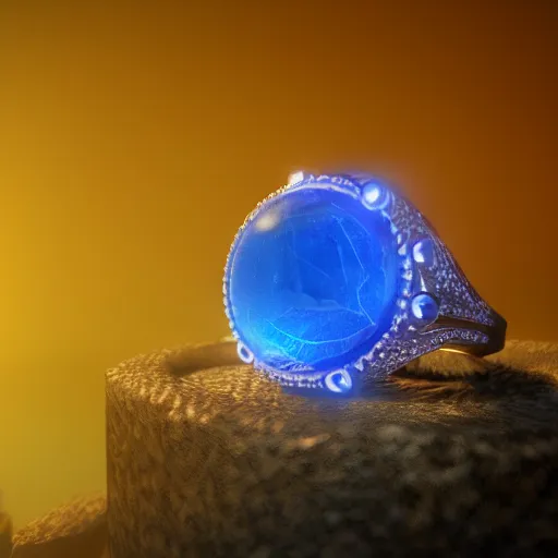 Image similar to a fantasy ring, blue glow, realistic reflections, intricate details, cinematic lighting, depth of field, octane render