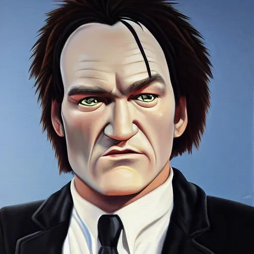 Image similar to the hyper - realistic painting of quentin tarantino regardant son prochain film au cinema