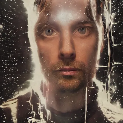 Prompt: thom yorke singer songwriter in a glass helmet filling up with water, waterline refractions, video art, anamorphic lens flare, datamosh, beautiful blue eyes, eyes reflecting into eyes reflecting into infinity, spherical black pupils, eyes reflecting into eyes reflecting into infinity, dramatic lighting