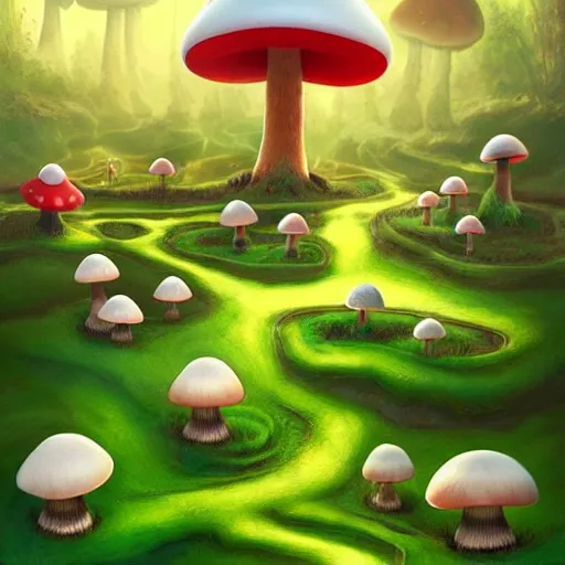 Image similar to mushroom kingdom from mario, digital art, giant green and white mushrooms, irina french, heraldo ortega, mandy jurgens trending on artstation 8 k 1 5 0 mpx