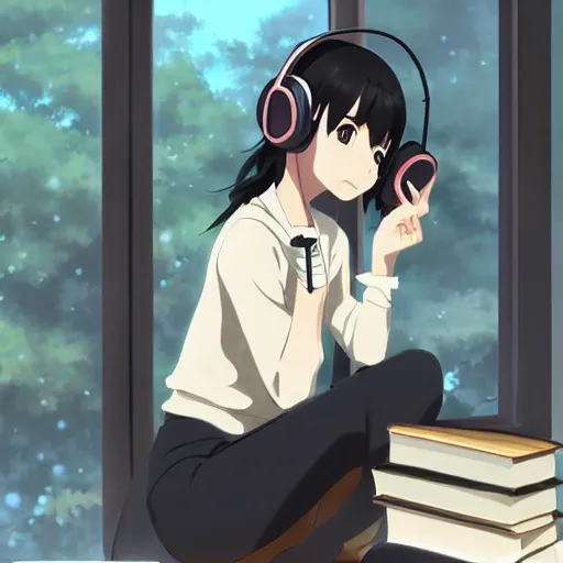 Image similar to Anime painting of a black haired girl wearing headphones while studying in her warm cozy home, by makoto shinkai, relaxed, calm, atmospheric, peacefull, trending on artstation, kimi no na wa