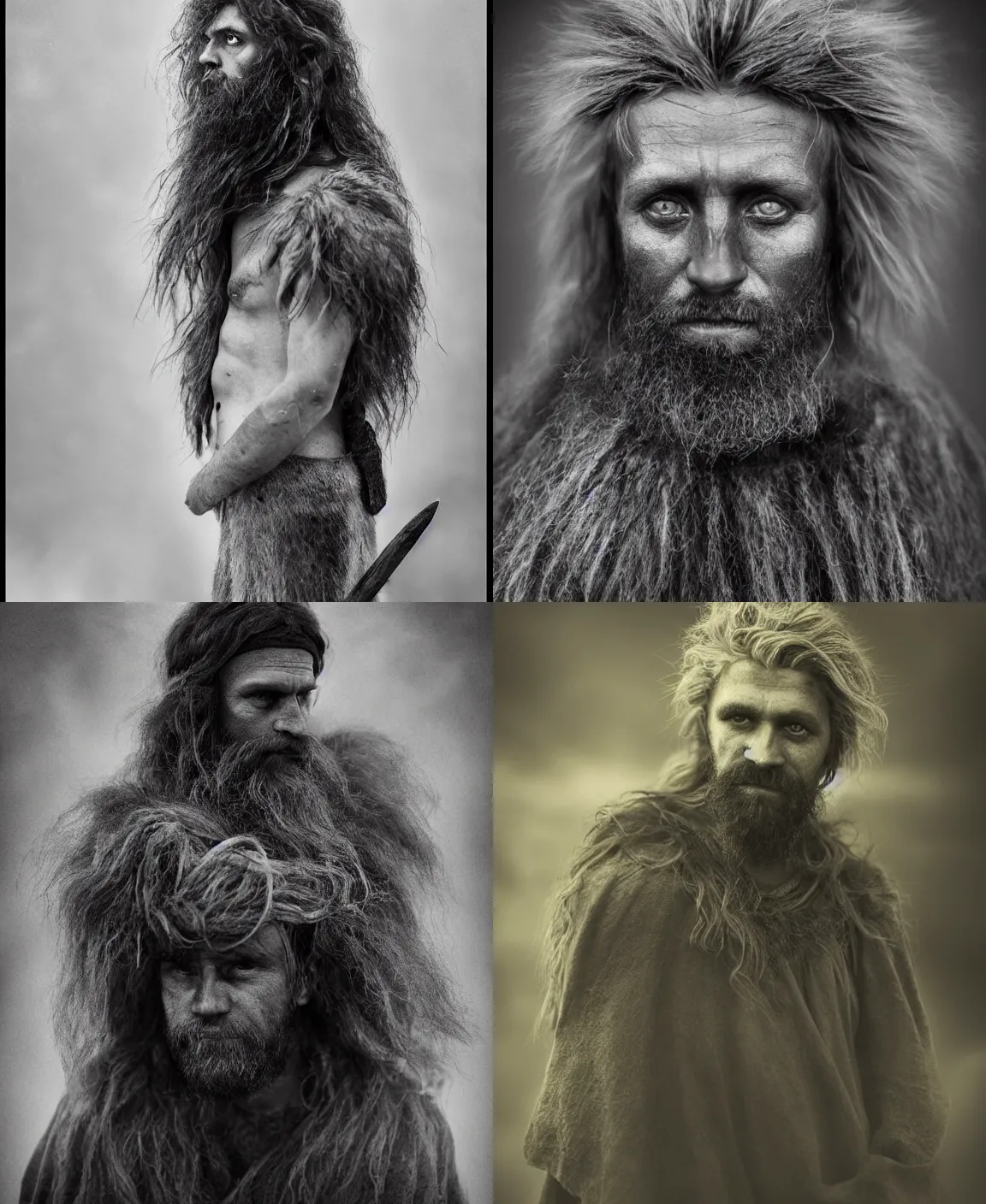 Prompt: Award winning full-body photo of an Early-medieval Norwegian heroes, with incredible hair and beautiful eyes wearing traditional garb by Lee Jeffries, 85mm ND 4, perfect lighting, gelatin silver process