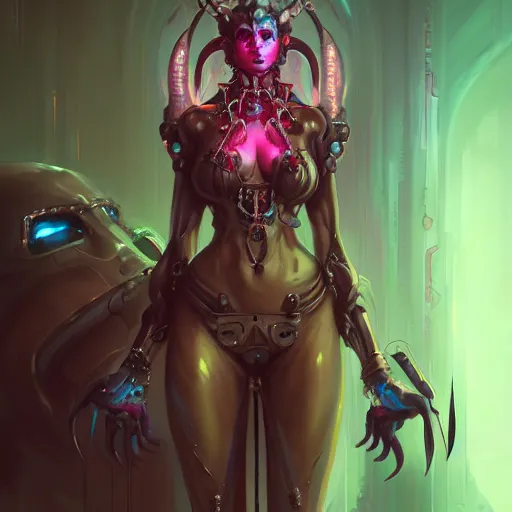 Image similar to a portrait of a beautiful demonic cybernetic grand duchess of hell, cyberpunk concept art by pete mohrbacher and wlop and artgerm and josan gonzales, digital art, highly detailed, intricate, sci-fi, sharp focus, Trending on Artstation HQ, deviantart, unreal engine 5, 4K UHD image