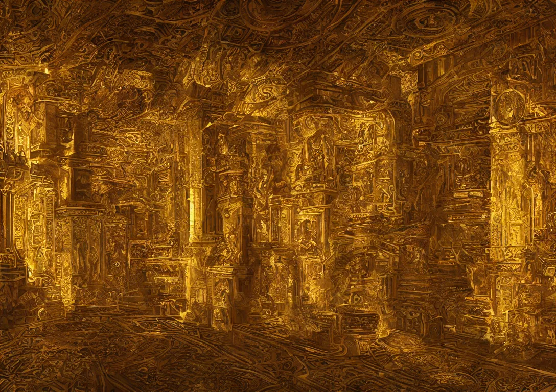 Image similar to hall of gods, with intricate details,, gold lighting by greg ruttowski, trending on artstation