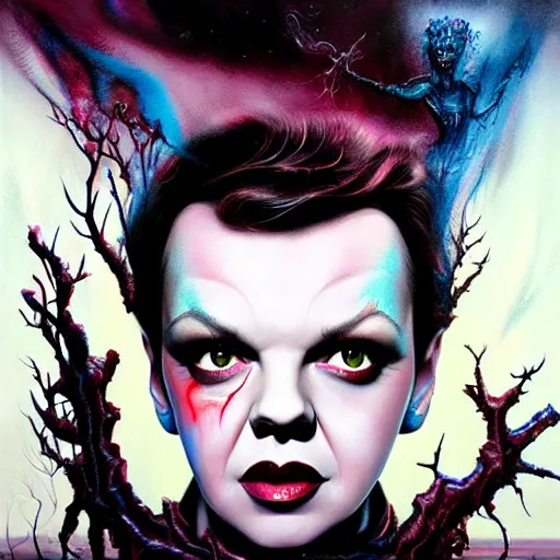 Prompt: judy garland, beautiful, terrifying, melting, webbing, 8 k, by tristan eaton, stanley artgerm, tom bagshaw, greg rutkowski, carne griffiths, ayami kojima, beksinski, giger, trending on deviantart, face enhance, hyper detailed, minimalist, horror, full colour