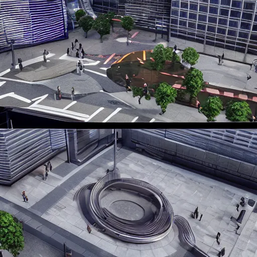 Prompt: tokyo and london city 2055 outdoor plaza photograph, unreal engine 4k concept art render octane