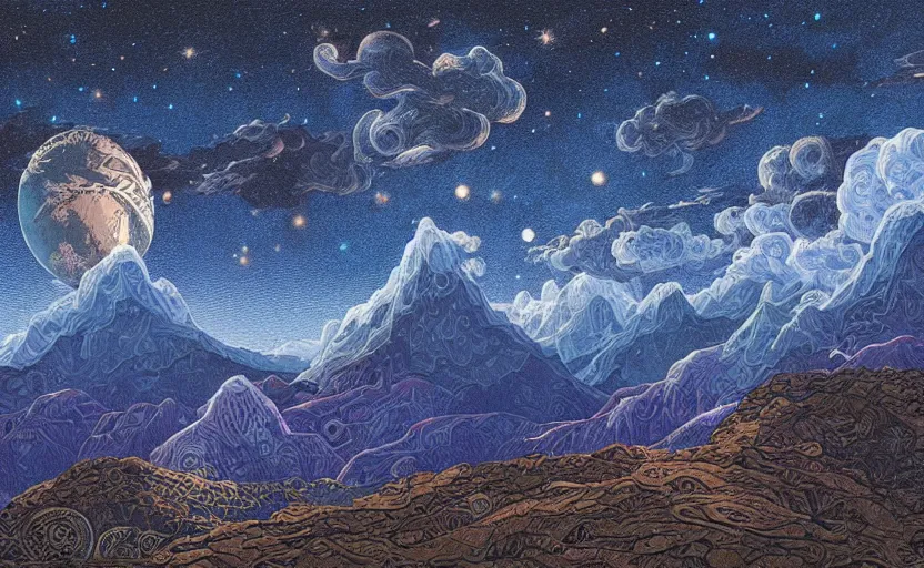 Prompt: mountains, stars and paisley filled sky, artstation, intricate, highly detailed, digital painting, concept art, sharp focus, illustration by Michael Whelan and Ivan Bilibin