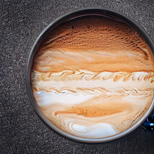 Prompt: The planet Jupiter as cream and foam on a cup of coffee