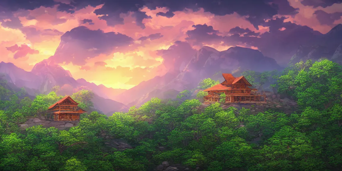 Image similar to a serene mountain landscape with a singular building near a lake at sunset anime style 8k low saturation high quality high detail cartoon