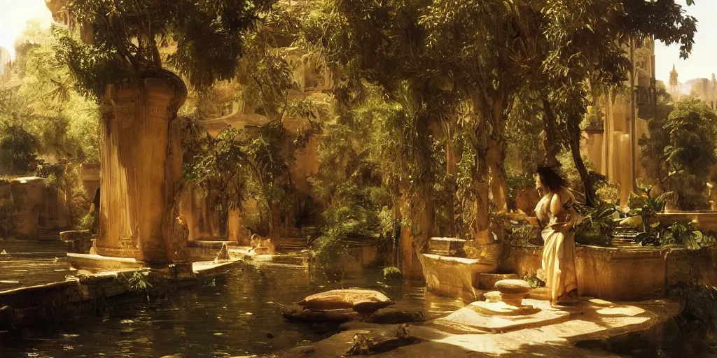 Image similar to beautiful landscape oil matte painting, of bustling empire hanging gardens of babylon, art by anders zorn, wonderful masterpiece highly detailed, beautiful cinematic light deep focus, elegant, digital painting, smooth, sharp focus, golden ratio, dramatic illumination, ultra realistic, 8 k, art by artemisia lomi gentileschi and caravaggio