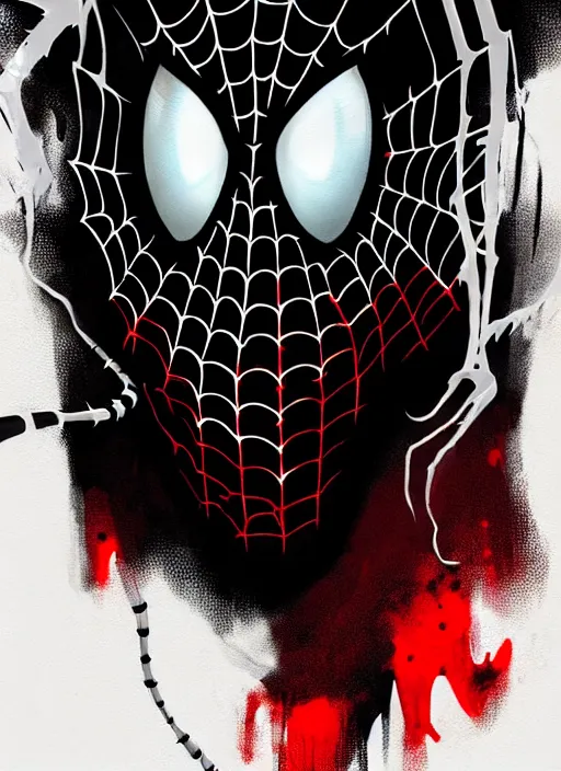 Prompt: highly detailed closeup portrait of a venom in spiderman suit with skeletal face,, black parka by atey ghailan, by greg rutkowski, by greg tocchini, by james gilleard, by joe fenton, by kaethe butcher, gradient, red, blue, black, brown and cream color scheme, grunge aesthetic!!! white graffiti tag wall background
