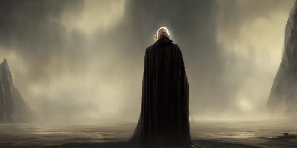 Image similar to a painting of a cinematic keyframe of star wars emperor palpatine, darth sidious, heavy atmosphere and smoke by greg rutkowski, rule of thirds, golden ratio, ambient lighting, wlop, artgerm, artstation, highly detailed masterpiece, dark fantasy art, high detail, trending on artstation