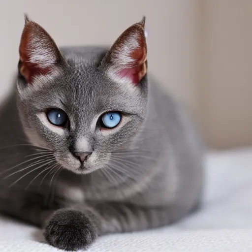 Prompt: a tiny cute gray cat with golden colored eyes sitting on a bed, looking up at the camera, with big sad eyes, photograph