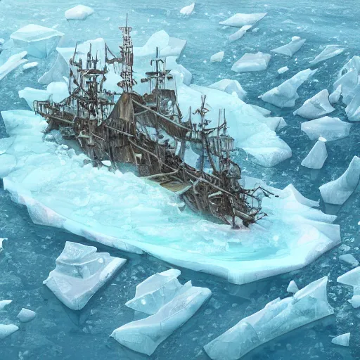 Image similar to sketch of an abandoned pirate ship encased in ice in an icy bay, aerial view, artwork by harumi hiornaka, highly detailed volumetric lighting, biomech style, concept art by michael hutter