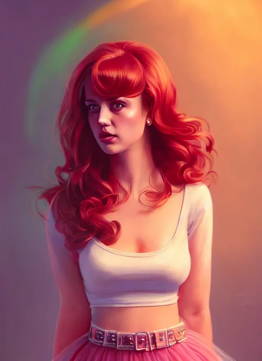 Image similar to full body portrait of teenage cheryl blossom, bangs, green eyes, sultry expression, red hair, sultry smirk, bangs and wavy hair, pink skirt, intricate, elegant, glowing lights, highly detailed, digital painting, artstation, concept art, smooth, sharp focus, illustration, art by wlop, mars ravelo and greg rutkowski