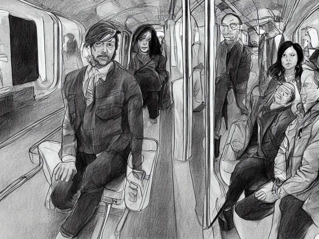 Prompt: a pencil drawing by Geoff Darrow, 3/4 low angle view wide shot of two people sitting in an empty Chicago subway train, in front of windows: a sad Aubrey Plaza in a parka and a friendly Mads Mikkelsen in a suit