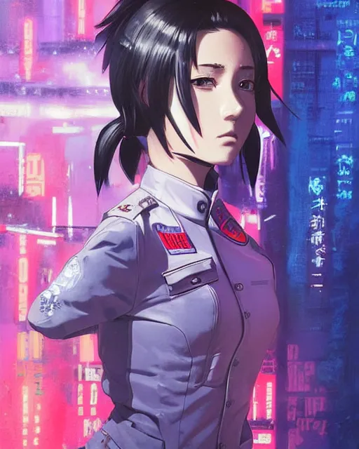 Image similar to police officer girl very very anime!!! fine face, audrey plaza, realistic shaded perfect face, fine details. anime. realistic shaded lighting cyberpunk futuristic neon tattoos styled hair reflective puffy sheen film jacket decorated poster by ilya kuvshinov katsuhiro otomo ghost in the shell magali villeneuve artgerm jeremy lipkin michael garmash rob rey