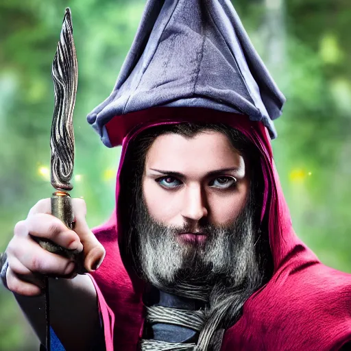 Prompt: a photorealistic male wearing wizard outfit, sharp focus