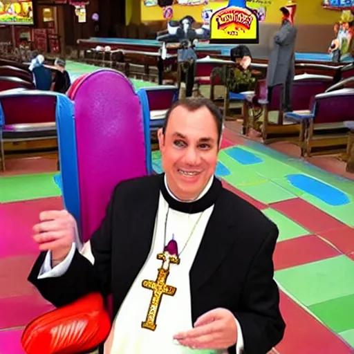 Image similar to Chuck E. Cheese as a priest in a church