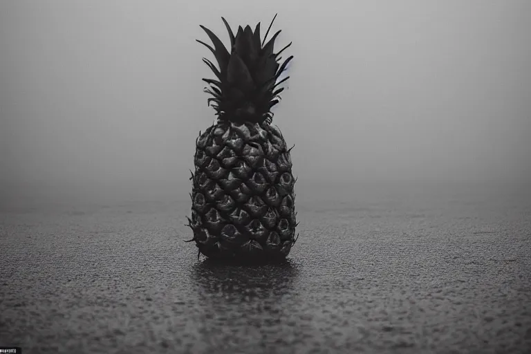 Image similar to an lonely pineapple in the middle of the sea, fog, mid night, 2000s photo