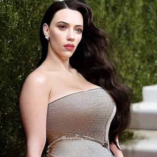 Image similar to a woman who is a genetic combination of kim kardashian and kat dennings and scarlett johansson and margot robbie and emma watson, face and upper - body focus, detailed eyes