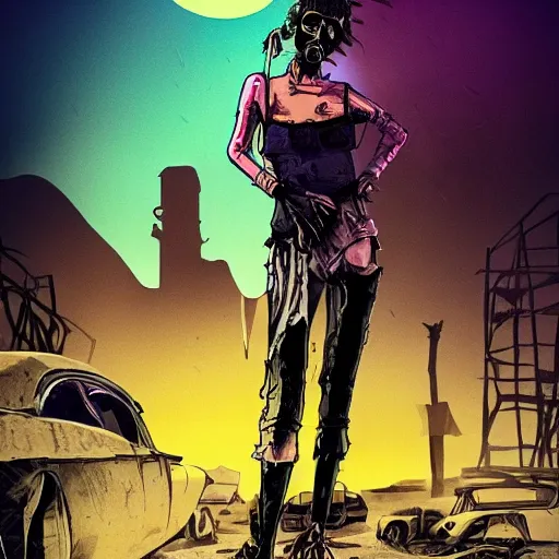 Image similar to a colorful comic noir illustration of a mad max woman in a post-apocalyptic city decaying in the desert, dark vibes, pastel lighting, cinematic, depth of field, 8k, high contrast