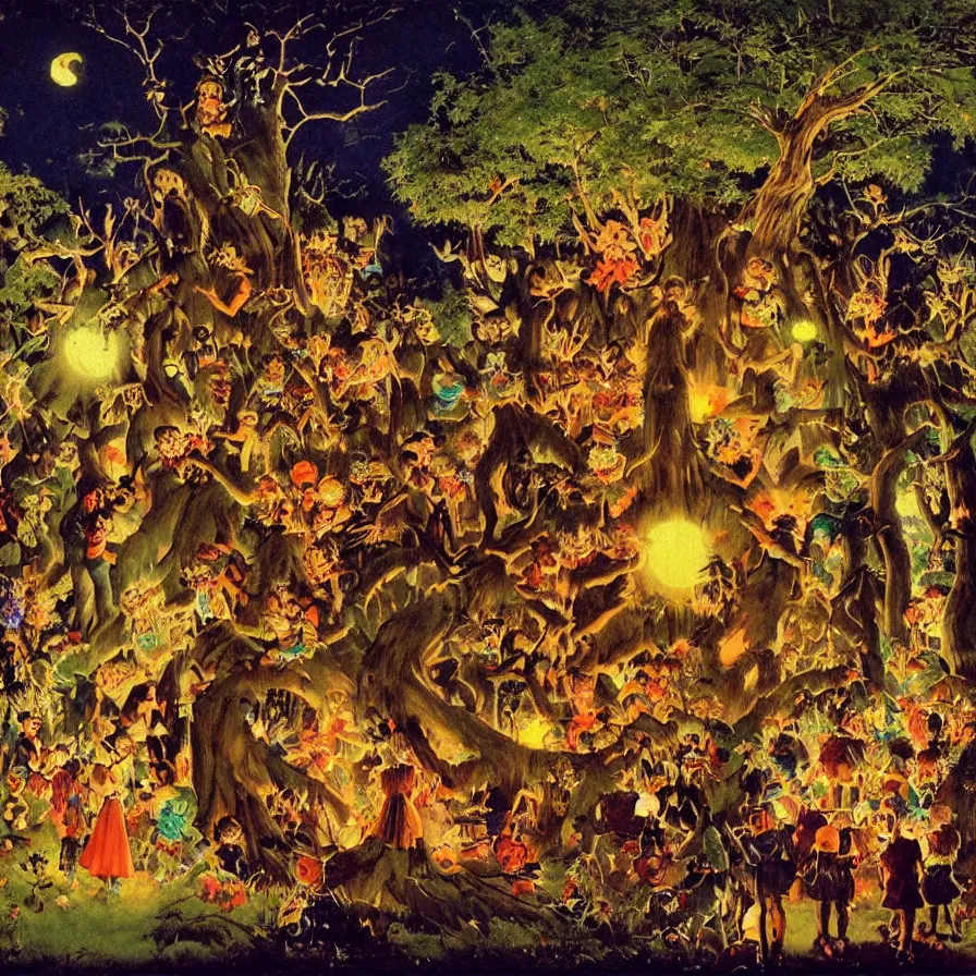 Prompt: a night carnival around a magical tree cavity, with a surreal orange moonlight and fireworks in the background, next to a lake with iridiscent water, christmas lights, folklore animals and people disguised as fantastic creatures in a magical forest by summer night, masterpiece painted by norman rockwell, frank frazetta, and syd mead, dark night environment