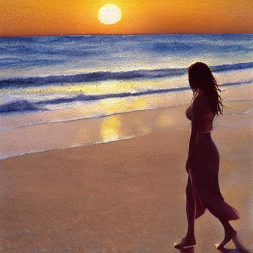 Prompt: a photorealistic watercolor of a woman walking by the beach at sunset, by Steve Hanks, highly detailed and realistic, intricate