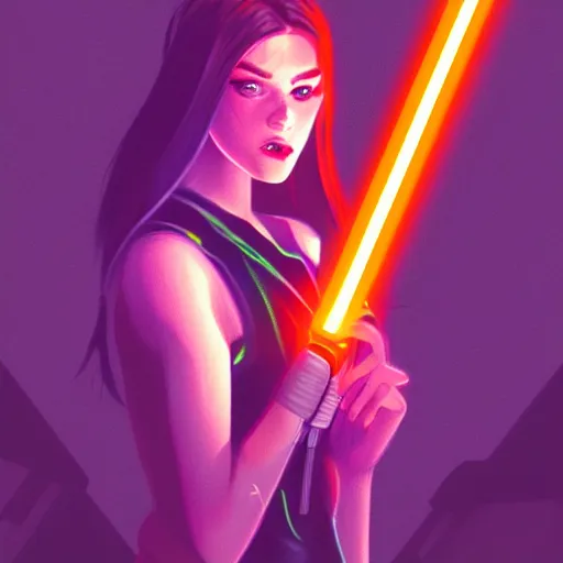 Image similar to a girl holding a lightsaber in a neon cyberpunk city at night, art station, digital art, cinematic, artgerm