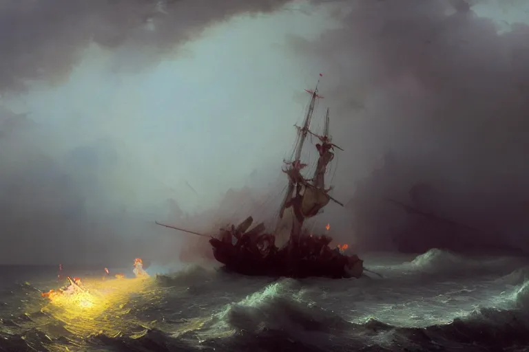 Prompt: Magical Maelstrom of fire and ice in the sea, destroying boats, islands, painting by Ivan Aivazovsky and Greg Rutkowski, artstation, fantasy, intricate, beautiful, cinematic, octane render, arnold render, 8k, hyper realism, detailed, sharp focus, 4k uhd, masterpiece, award winning