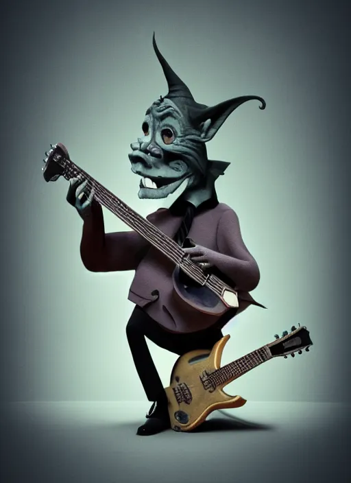 Image similar to a cute sharply dressed goblin playing the blues on an old guitar, in the style of boris valejo and man ray and terry gilliam, fantastic, dramatic lighting, smoke, mist, forest, hyperrealistic, detailed, octane render