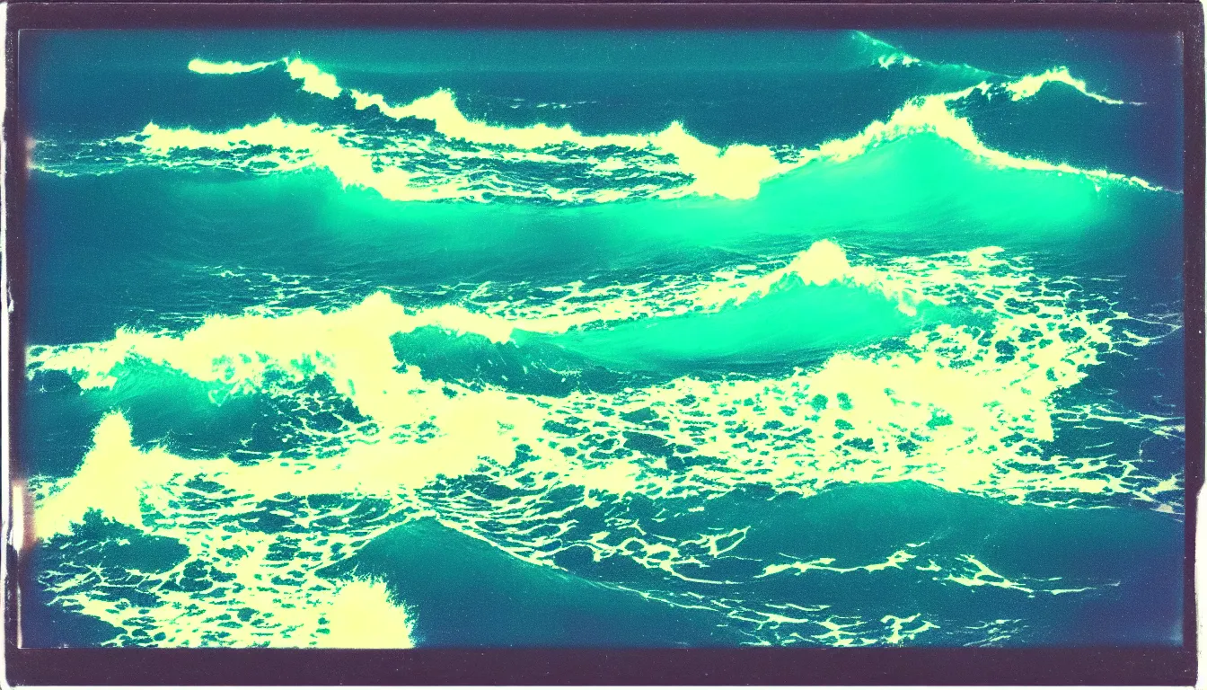 Prompt: colorful instant photograph ocean waves at night, polaroid, light leak, raw, nostalgic