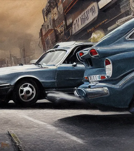 Prompt: high quality high detail painting by alberto mielgo and jaime jones, car chase, cinematic, hd