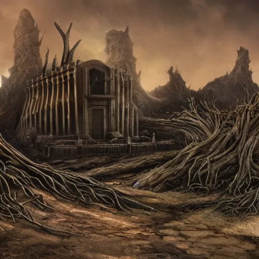 Image similar to a dramatic matte painting of the tomb in the dystopian landscape is opening through the ground, the dead has arisen under the glowing moon, dead trees and a brooding landscape by giger and dariusz zawadzki and beksinsk