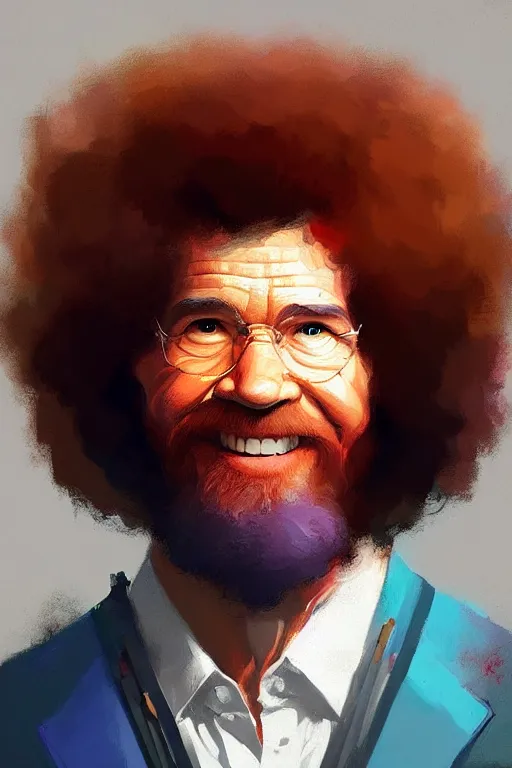 Image similar to portrait of Bob Ross, modern, colourful!! highly detailed, digital painting, artstation, concept art, sharp focus, illustration, by greg rutkowski