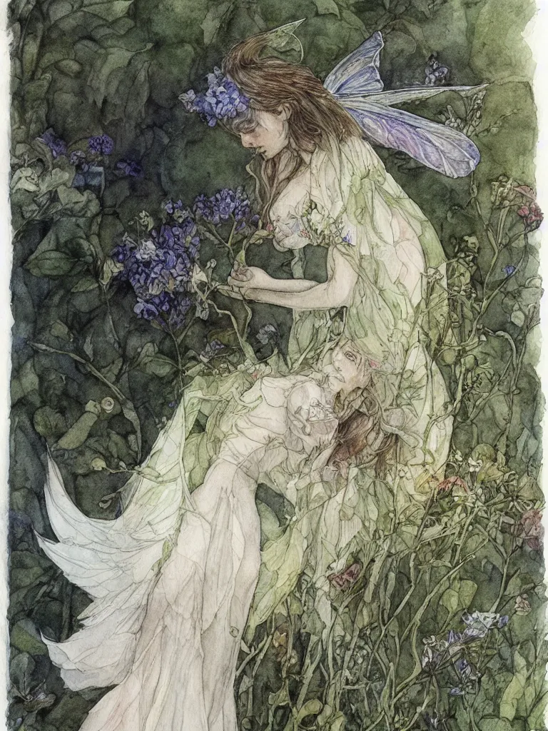 Image similar to annotated study of a flower fairy, illustration, watercolor, alan lee, detailed, pretty, ethereal,